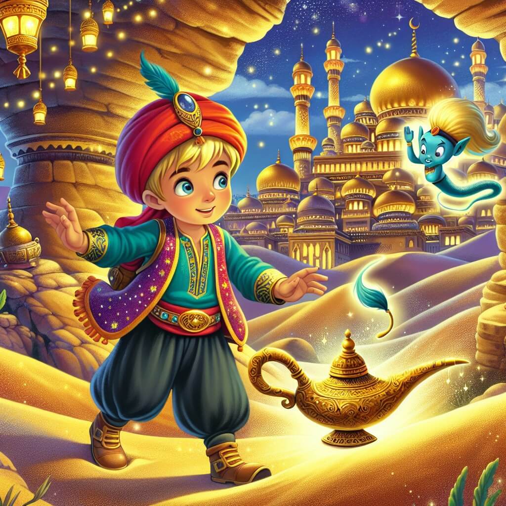 Une illustration destinée aux enfants représentant un jeune et courageux héros du désert, vêtu d'un turban coloré et de pantalons amples, découvrant une mystérieuse lampe magique dans une somptueuse grotte enfouie sous des dunes de sable scintillantes, avec un génie espiègle flottant à ses côtés, dans la ville enchanteresse d'Agrabah aux toits dorés et aux minarets élancés.