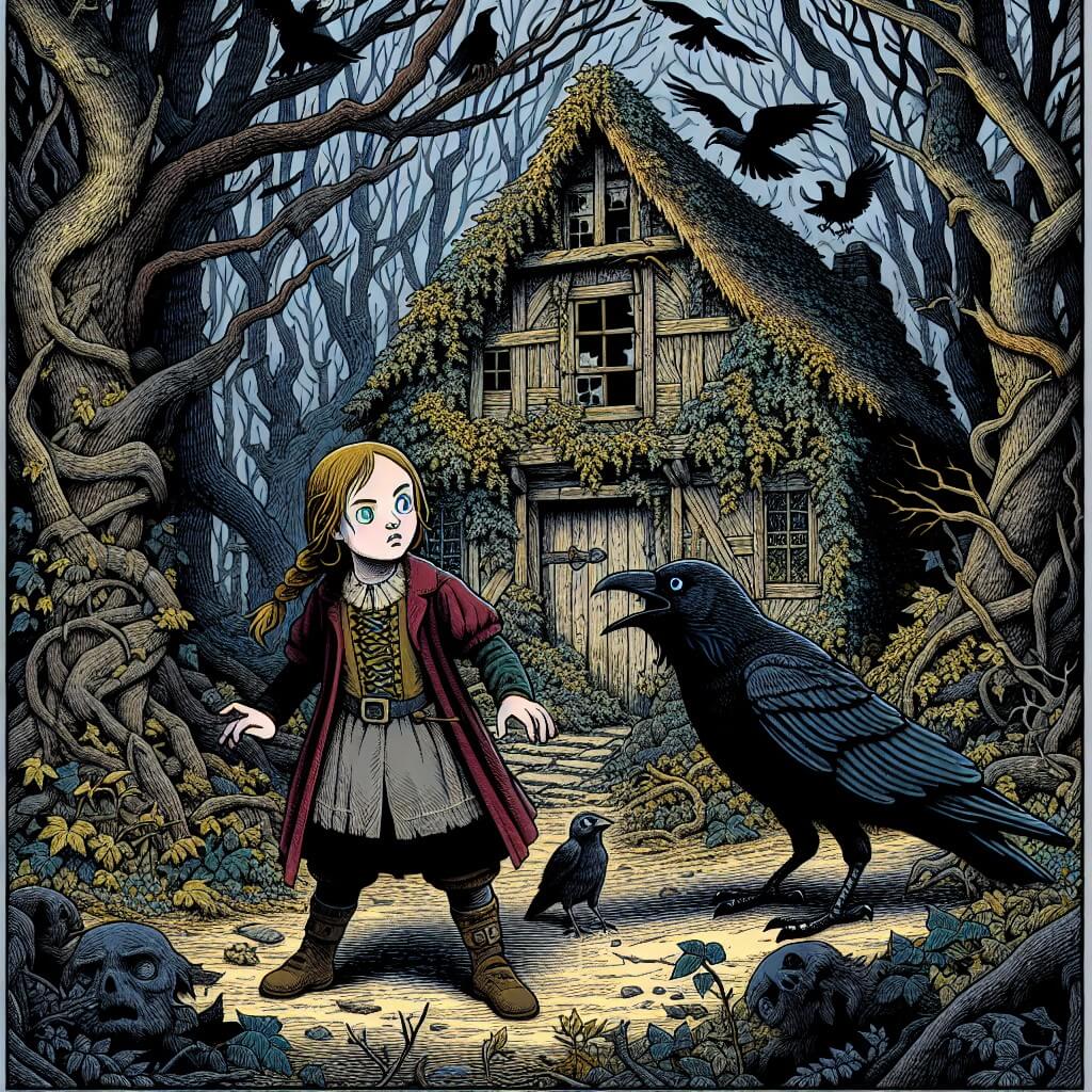 Une illustration destinée aux enfants représentant une jeune fille courageuse et intrépide, se retrouvant piégée dans une sombre forêt hantée par des esprits malveillants, avec pour seule compagnie un mystérieux corbeau, dans une vieille maison abandonnée, aux murs couverts de lierre et aux fenêtres brisées, qui semblait garder de terribles secrets.