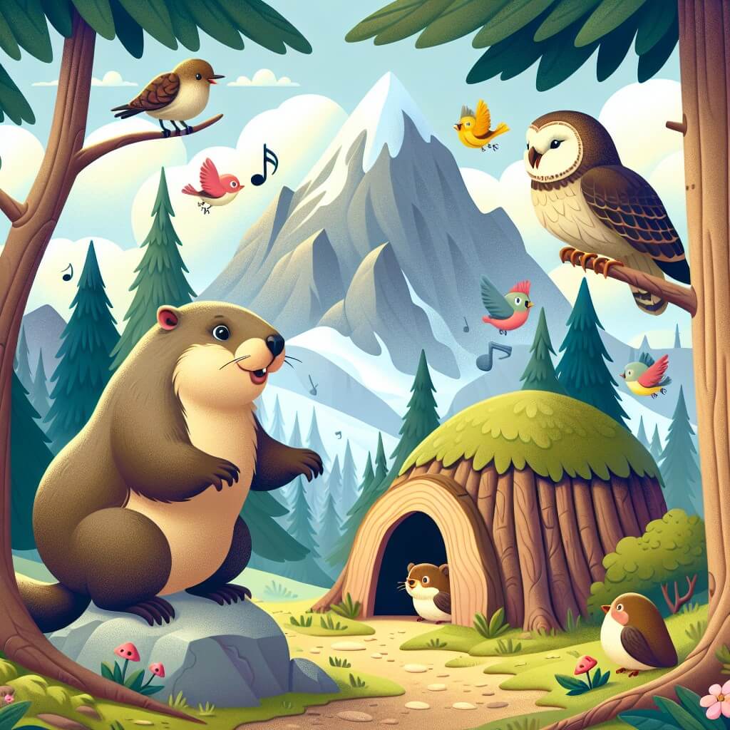 Une illustration destinée aux enfants représentant une marmotte curieuse qui rencontre un oiseau chanteur et un sage hibou dans une forêt enchantée, avec une tanière douillette au pied d'une montagne majestueuse en arrière-plan.