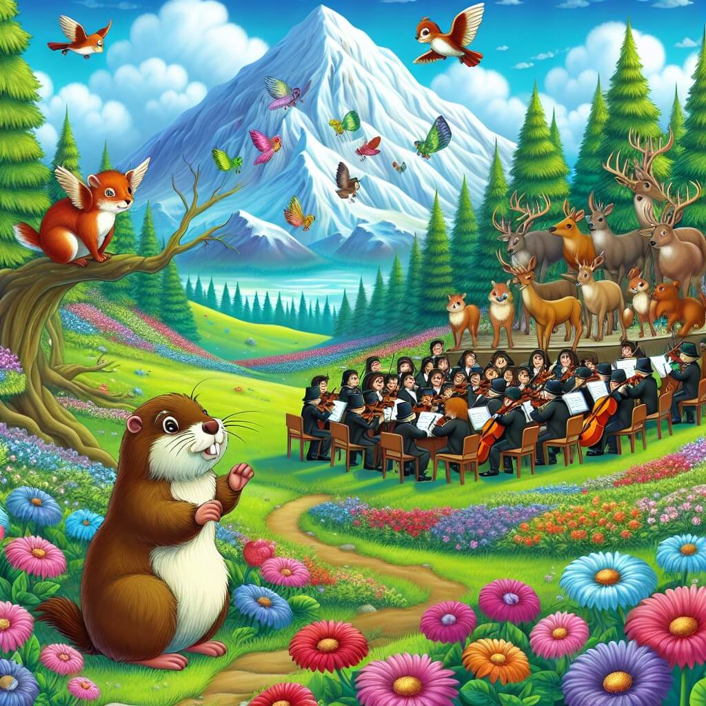 Une illustration destinée aux enfants représentant une marmotte curieuse qui découvre un orchestre enchanté d'animaux dans un somptueux bosquet de fleurs multicolores au sommet d'une montagne majestueuse.