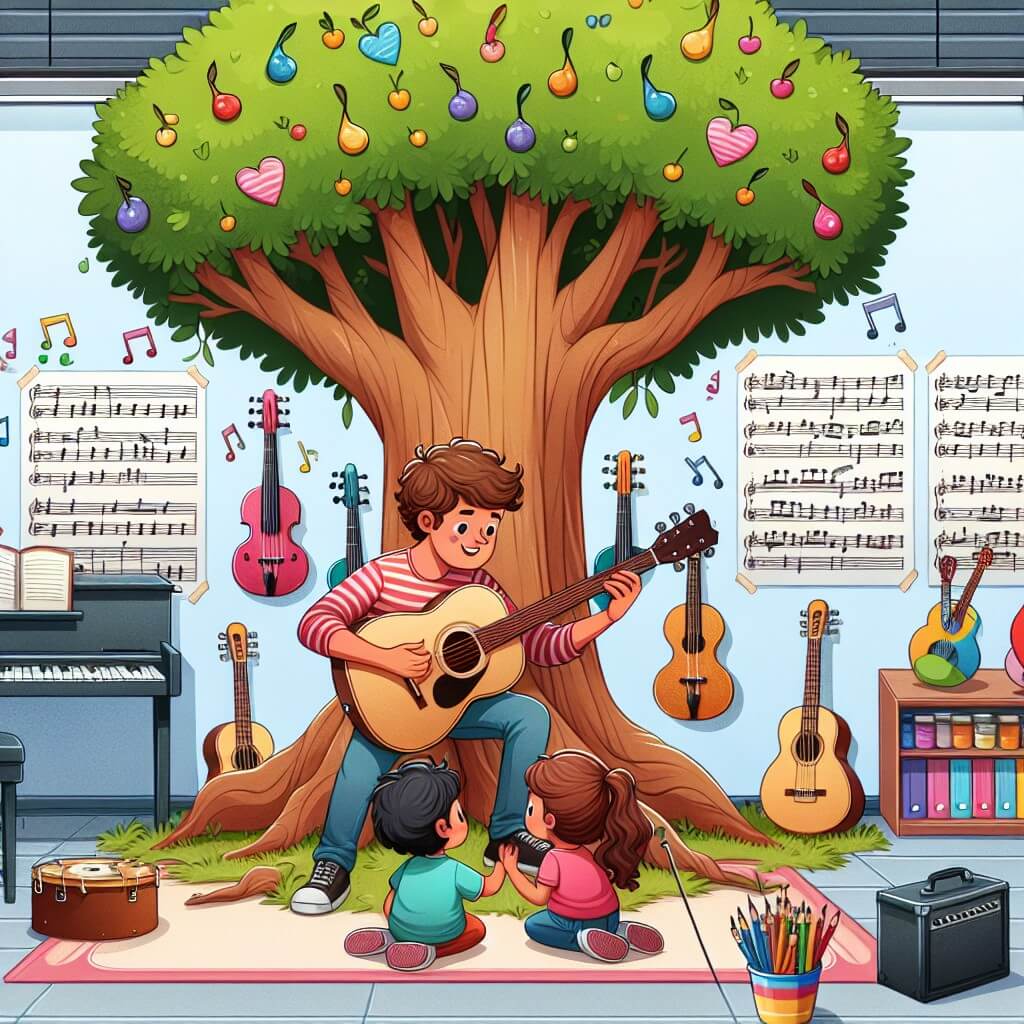 Une illustration destinée aux enfants représentant un homme passionné de musique, jouant de sa guitare sous un grand chêne, accompagné de deux enfants curieux, dans un studio rempli d'instruments colorés et de murs tapissés de partitions musicales.