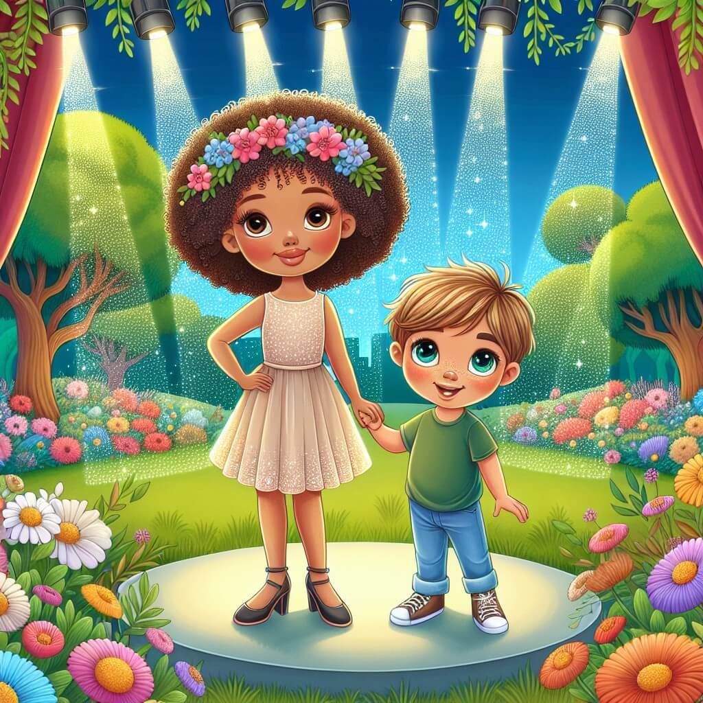 Une illustration destinée aux enfants représentant une jeune femme aux cheveux bouclés, debout sur une scène éclairée par des projecteurs étincelants, accompagnée d'un petit garçon aux yeux brillants, dans un parc verdoyant rempli de fleurs colorées et d'arbres majestueux.