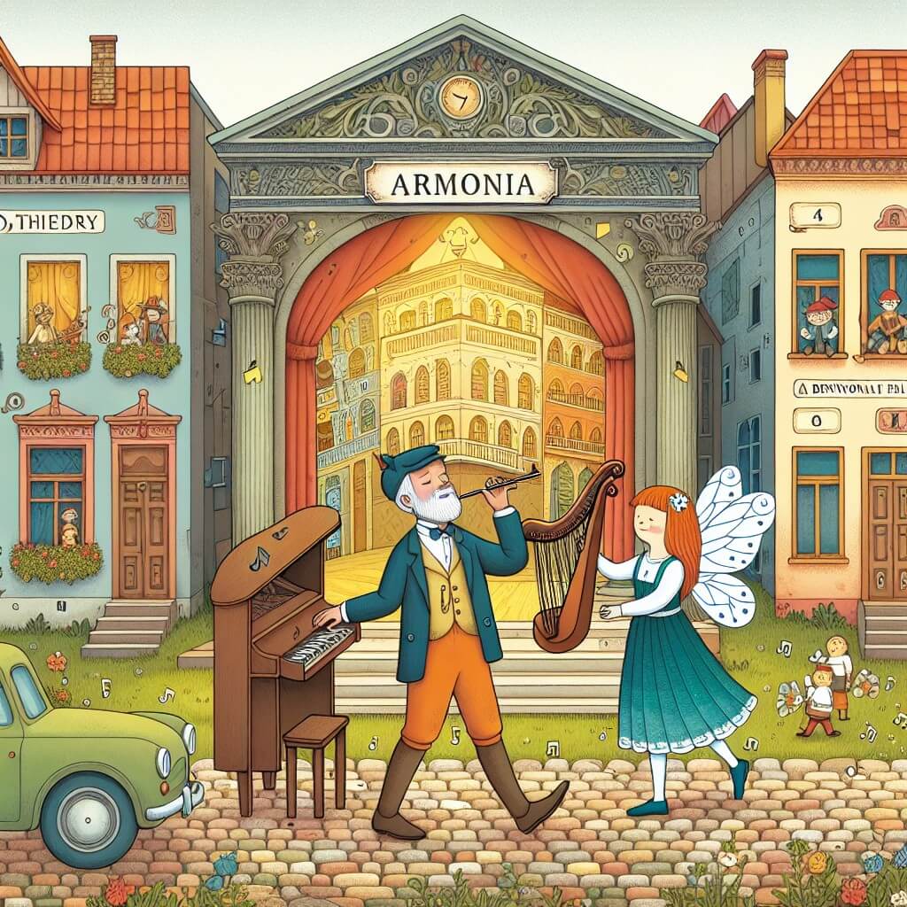 Une illustration destinée aux enfants représentant un homme passionné de musique, découvrant une mélodie mystérieuse dans un théâtre abandonné, accompagné d'une fée bienveillante, dans une petite ville appelée Armonia, entourée de rues pavées bordées de maisons colorées et d'un magnifique parc verdoyant.