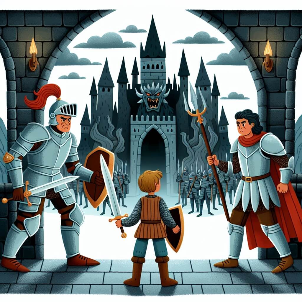 Une illustration destinée aux enfants représentant une chevalière courageuse, prête à affronter un maléfique tyran dans un sombre château médiéval entouré de hauts murs de pierre.