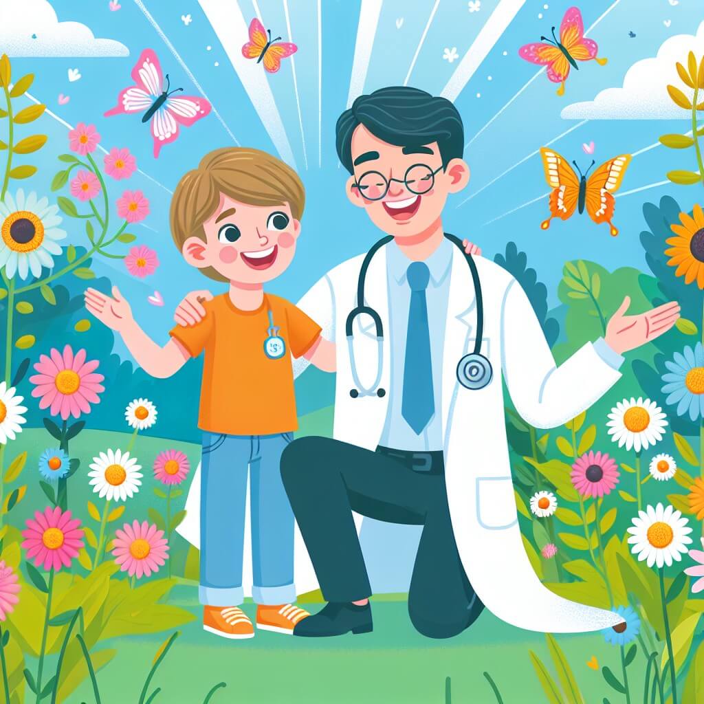 Une illustration destinée aux enfants représentant un jeune homme passionné par la médecine, accompagné du bienveillant docteur Antonio, dans un jardin luxuriant où fleurs colorées et papillons virevoltent joyeusement.
