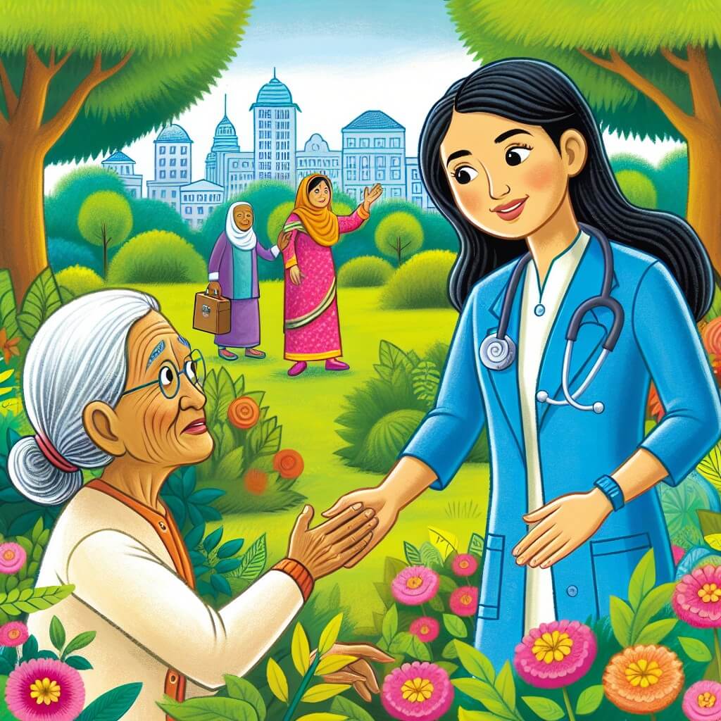 Une illustration destinée aux enfants représentant une femme médecin courageuse qui sauve une vie dans un parc verdoyant, entourée de fleurs colorées et d'arbres majestueux, tandis qu'une vieille dame lui tend la main en signe de gratitude.