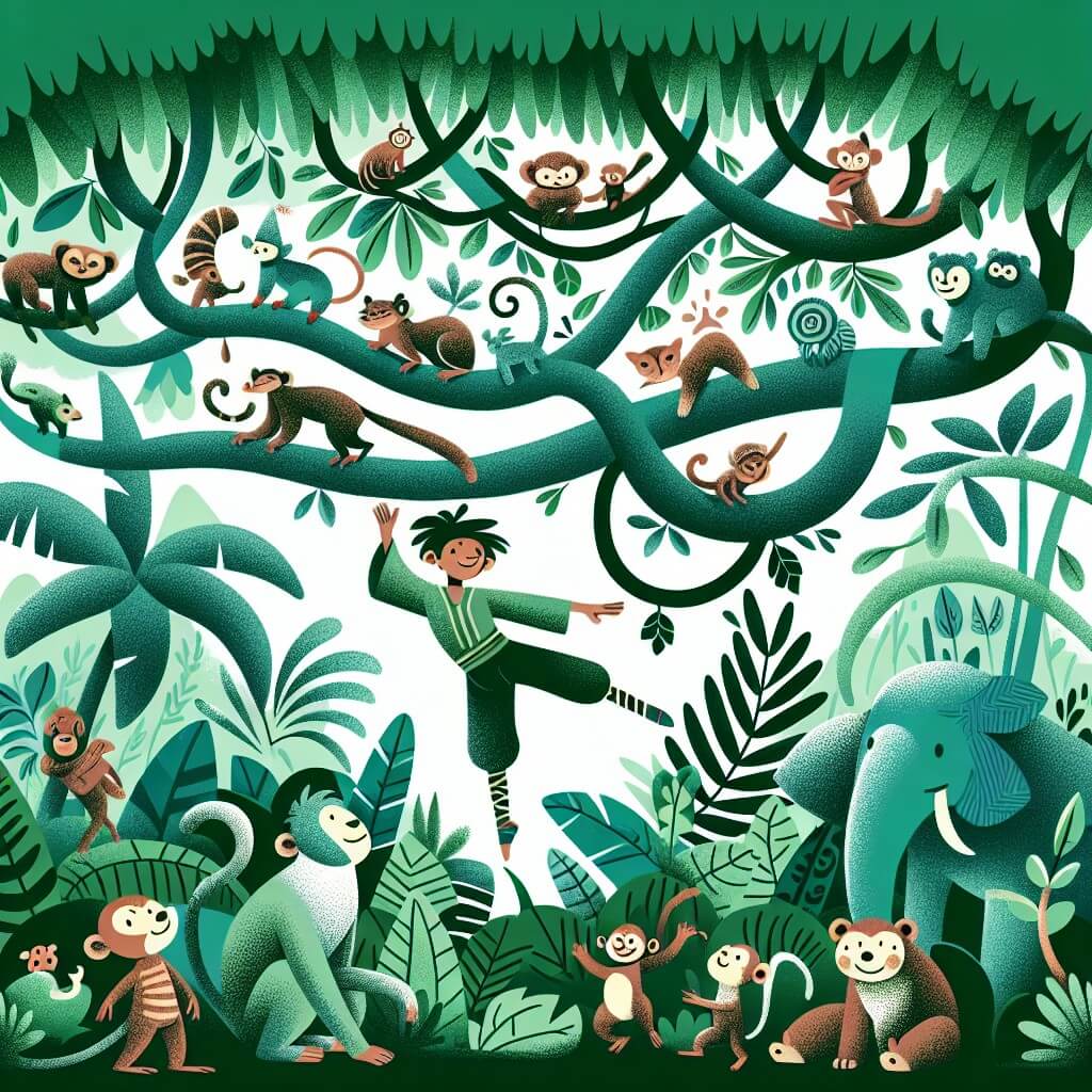 Une illustration destinée aux enfants représentant une petite acrobate agile et curieuse, entourée d'une multitude d'animaux joyeux, dans une forêt tropicale luxuriante où les arbres s'entrelacent pour former un toit vert.