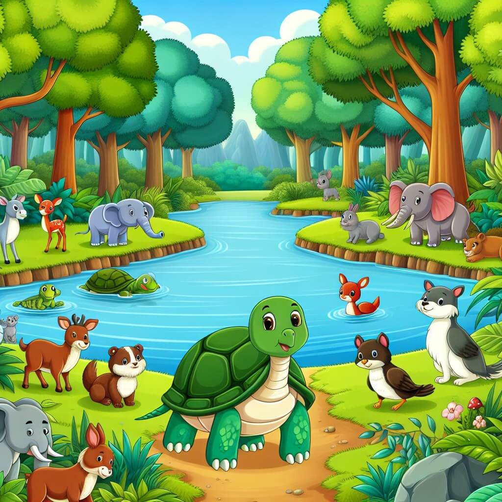 Une illustration destinée aux enfants représentant une tortue intrépide, entourée d'amis animaux, explorant une forêt luxuriante bordant un étang paisible.