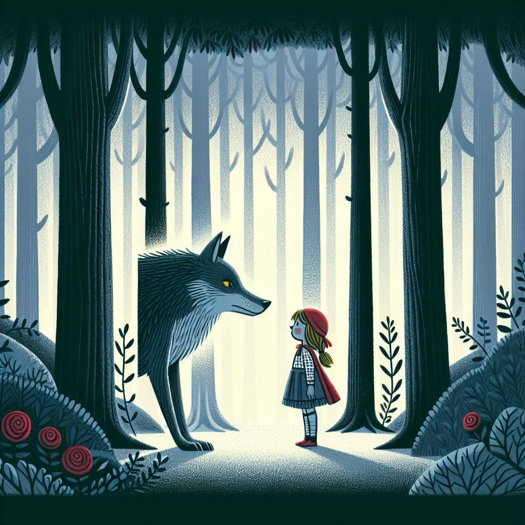 Une illustration destinée aux enfants représentant une petite fille courageuse, confrontée à un grand méchant loup, dans une forêt dense et mystérieuse.