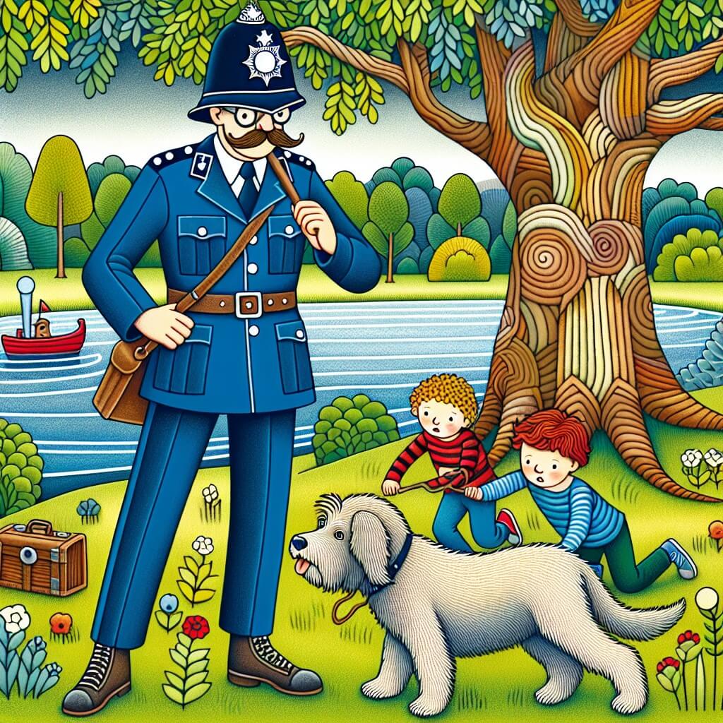 Une illustration destinée aux enfants représentant une policière intrépide, vêtue d'un uniforme bleu vif et d'un chapeau à larges bords, en train d'aider deux enfants à retrouver leur chien perdu, dans un parc verdoyant avec un lac scintillant et un vieux arbre majestueux.
