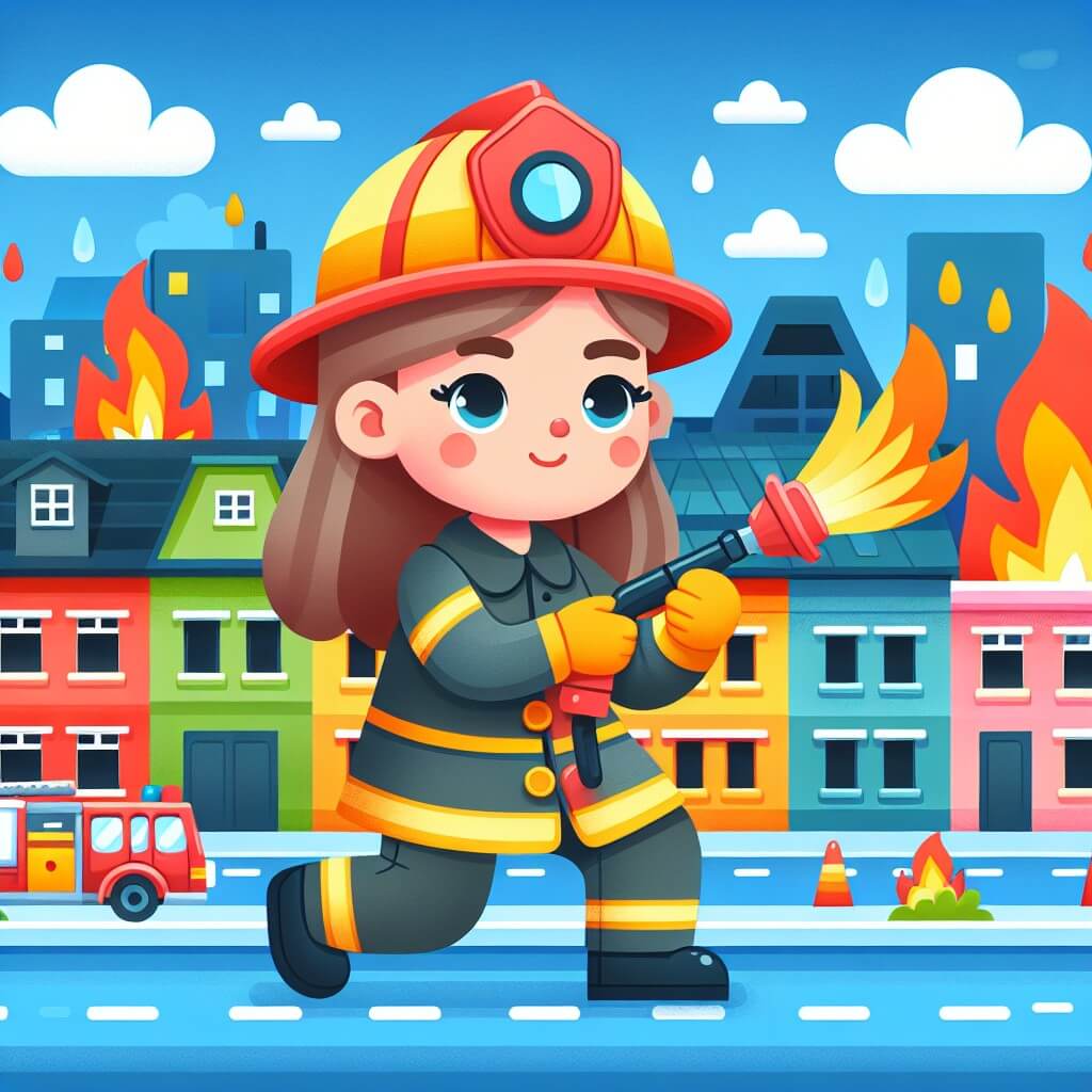 Une illustration destinée aux enfants représentant une femme pompière courageuse et déterminée, luttant contre un incendie avec l'aide de sa fidèle équipe, dans une ville colorée remplie de maisons en briques, avec des flammes vives et des nuages de fumée s'élevant dans le ciel bleu.
