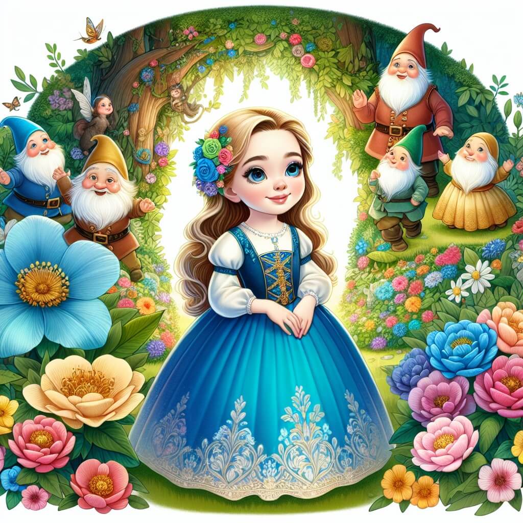 Une illustration destinée aux enfants représentant une jeune fille au teint de porcelaine, vêtue d'une robe bleue éclatante, se trouvant dans une magnifique forêt enchantée remplie de fleurs colorées et de créatures magiques, tandis qu'un groupe de joyeux nains l'entoure avec un sourire bienveillant.