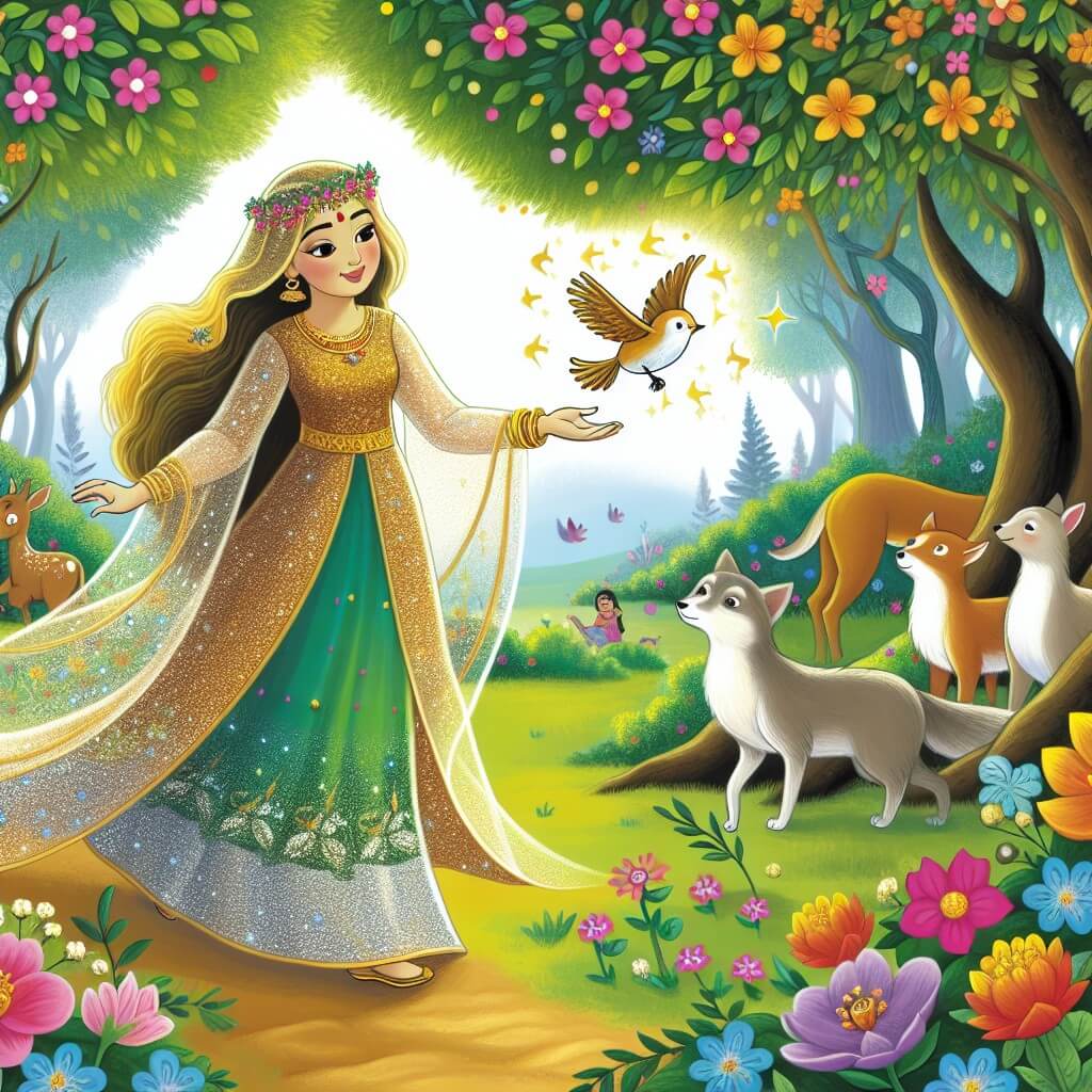 Une illustration destinée aux enfants représentant une femme aux cheveux dorés, vêtue d'une robe scintillante, se promenant dans un magnifique bosquet enchanté rempli de fleurs multicolores, accompagnée d'animaux amicaux, tandis qu'elle libère un petit oiseau prisonnier, révélant ainsi la gentillesse et la magie qui règnent dans ce conte de fées.
