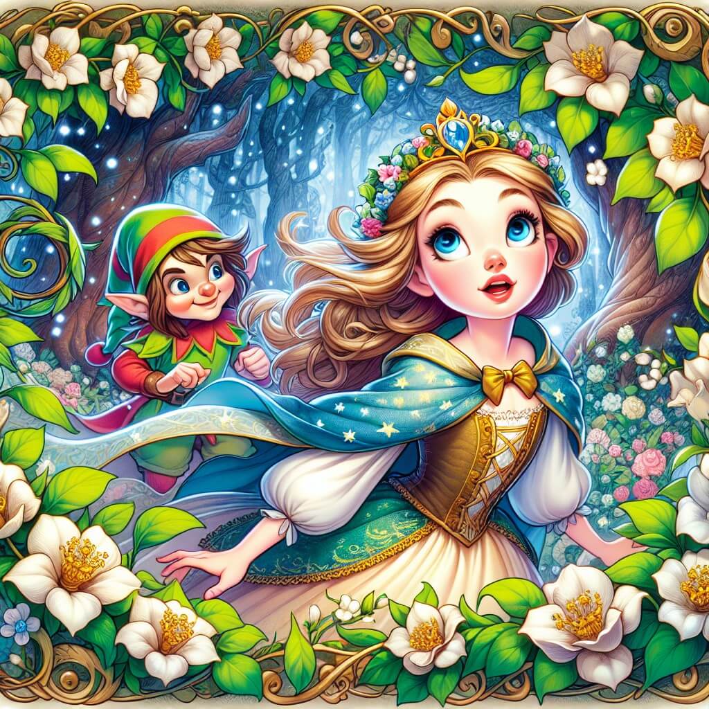 Une illustration destinée aux enfants représentant une princesse courageuse, émerveillée par un mystérieux bosquet enchanté, accompagnée d'un elfe malicieux, dans un royaume féerique où les fleurs dansent au rythme de sa curiosité.