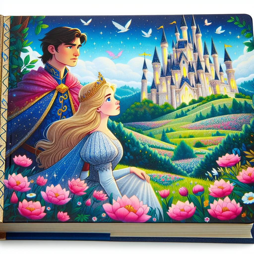 Une illustration destinée aux enfants représentant une princesse courageuse et déterminée, accompagnée d'un prince charmant, dans un magnifique château scintillant situé au sommet d'une colline verdoyante, entouré de jardins fleuris et d'une forêt enchantée.