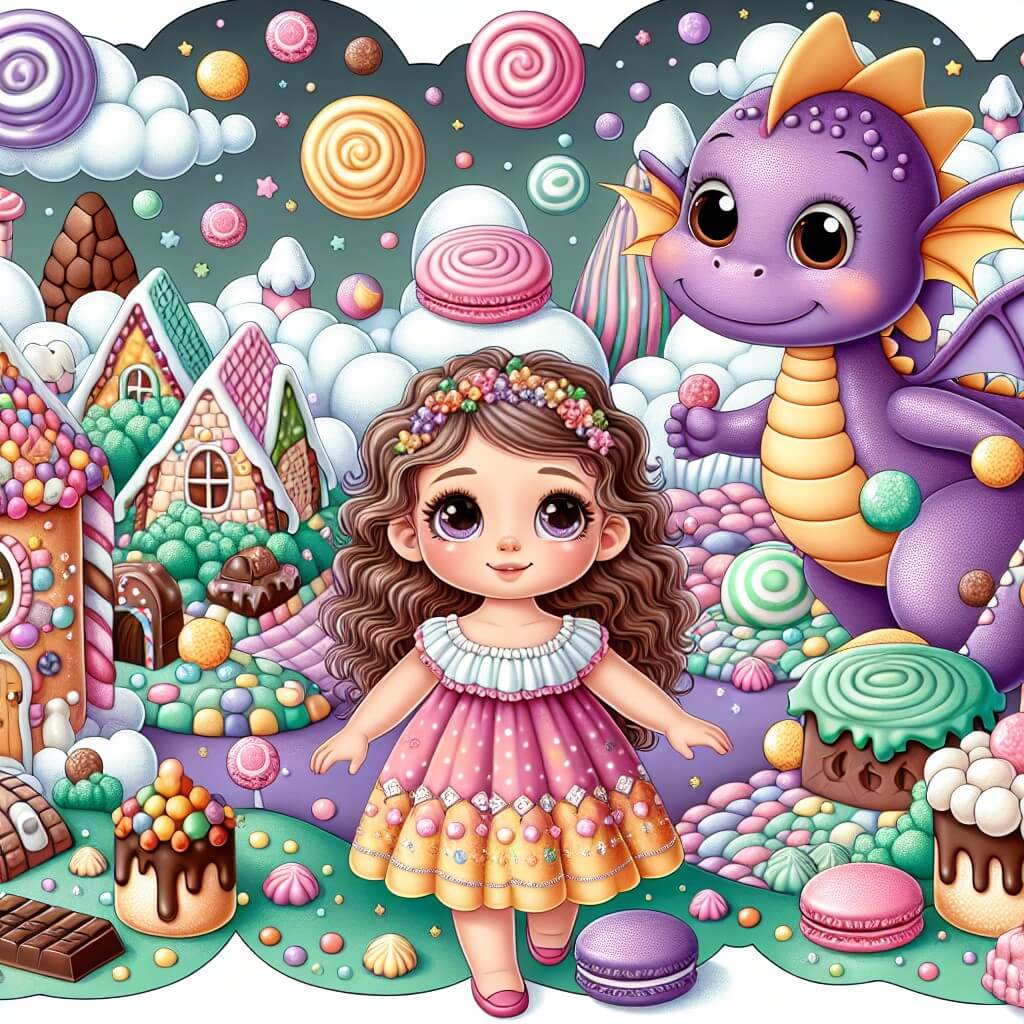 Une illustration destinée aux enfants représentant une petite fille aux cheveux bouclés et aux yeux pétillants, vêtue d'une robe colorée, se trouvant dans un monde fantastique rempli de maisons en forme de bonbons, de rivières de chocolat et d'animaux en guimauve, accompagnée d'un adorable dragon violet aux ailes en forme de macarons, dans le Royaume des Gourmandises.