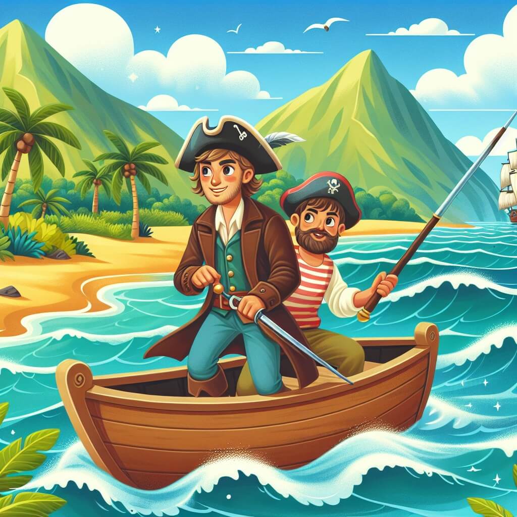 Une illustration destinée aux enfants représentant un homme courageux, vêtu d'un tricorne et d'une veste en cuir, naviguant sur une petite embarcation avec un ami, à la recherche d'un trésor caché, sur une mer scintillante, entourée de montagnes verdoyantes et d'une plage de sable doré.