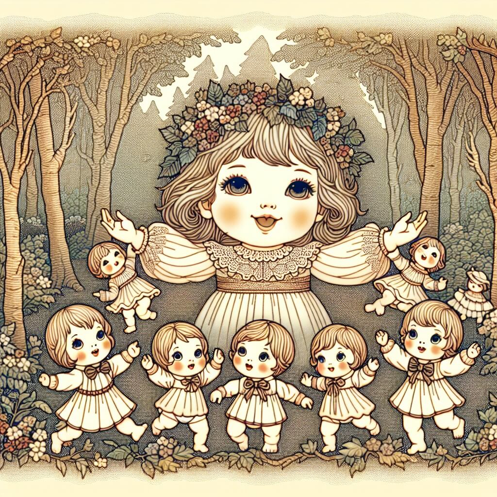 Une illustration destinée aux enfants représentant une jeune fille au teint de porcelaine, entourée de sept adorables nains, dans une forêt enchantée où les arbres semblent danser de joie.