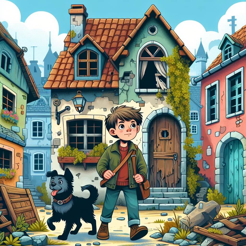 Une illustration destinée aux enfants représentant un jeune garçon intrépide, accompagné de son fidèle chien, enquêtant dans une maison abandonnée aux fenêtres brisées, à la porte rouillée et recouverte de lierre, située au cœur d'une petite ville pittoresque avec des rues pavées et des maisons colorées.