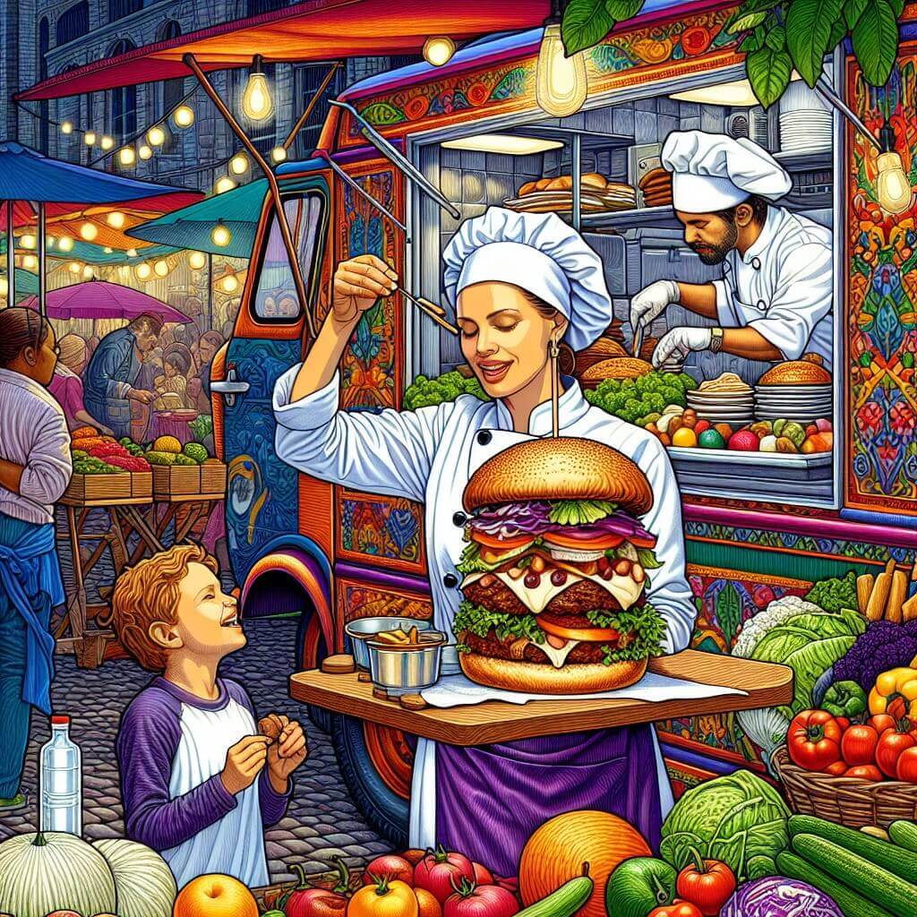 Une illustration destinée aux enfants représentant une chef cuisinière passionnée, se tenant devant un camion de cuisine de rue coloré, en train de préparer un délicieux hamburger, accompagnée d'une joyeuse cliente enfant, dans un marché animé et coloré rempli de fruits, légumes et étals de nourriture alléchante.