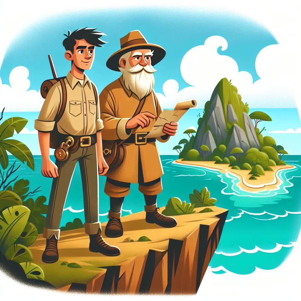 Une illustration destinée aux enfants représentant un explorateur courageux, vêtu d'une chemise beige et d'un chapeau en cuir, se tenant sur une falaise escarpée, avec un vieux guide barbu à ses côtés, devant une île mystérieuse entourée d'océan turquoise et de végétation luxuriante.