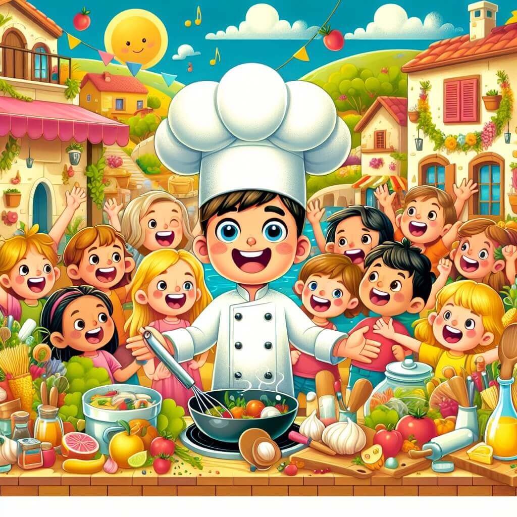 Une illustration destinée aux enfants représentant un chef cuisinier passionné, entouré d'un groupe d'enfants joyeux, dans une cuisine colorée et chaleureuse remplie d'ustensiles de cuisine et d'ingrédients frais, située dans un charmant village en bord de mer.