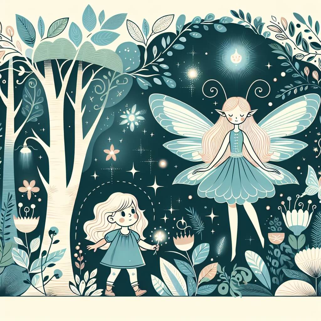 Une illustration destinée aux enfants représentant une fée, entourée d'une forêt enchantée où les arbres semblent danser et les fleurs émettre une lueur magique, accompagnée d'une petite fille curieuse qui découvre un monde féerique plein de mystères.