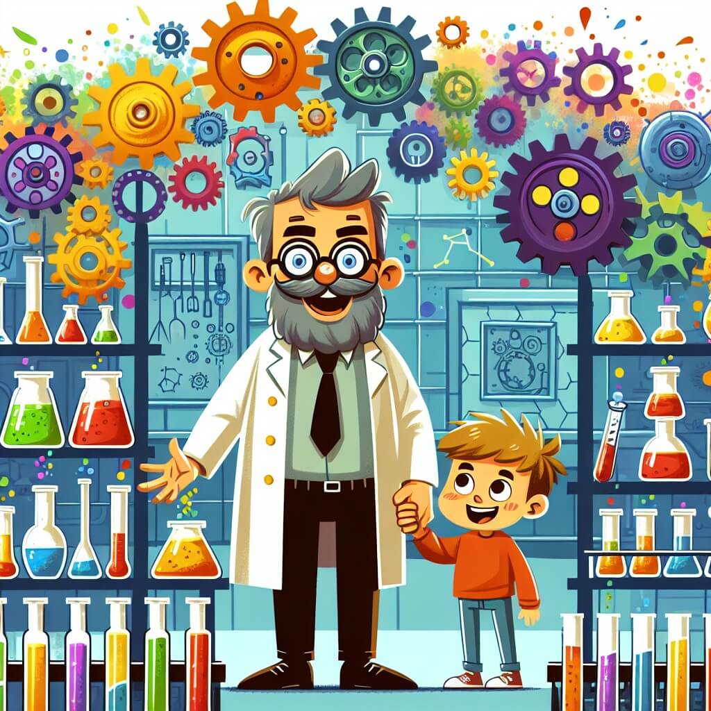 Une illustration destinée aux enfants représentant un inventeur passionné, entouré de rouages et d'explosions colorées, accompagné d'un jeune garçon curieux, dans un laboratoire rempli d'étagères remplies de fioles multicolores et de machines étranges.