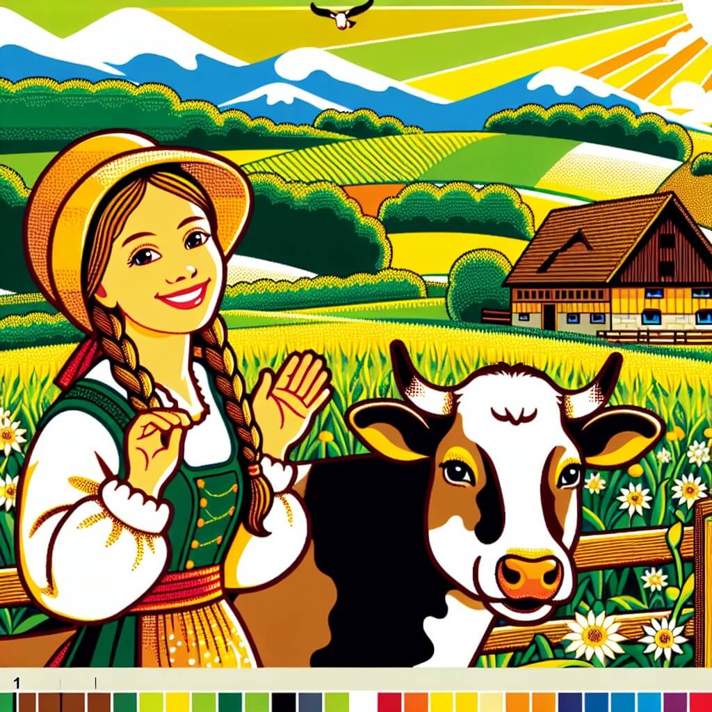 Une illustration destinée aux enfants représentant une femme agriculteur, accompagnée d'une joyeuse vache, dans une ferme pittoresque entourée de champs verdoyants et de collines vallonnées baignées par la lumière dorée du soleil.
