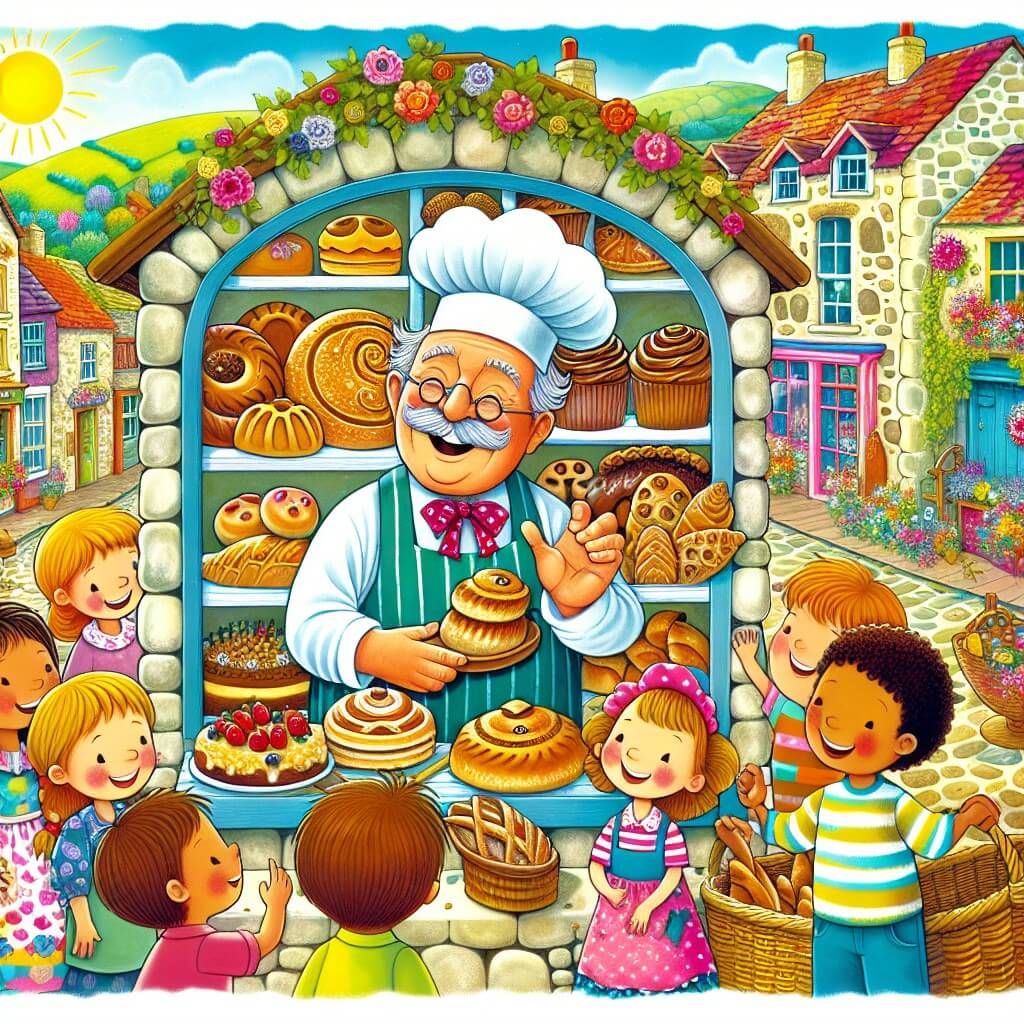 Une illustration destinée aux enfants représentant un boulanger souriant et bienveillant, entouré d'enfants curieux, dans sa charmante boulangerie aux murs colorés, remplie de délicieuses pâtisseries et d'odeurs alléchantes, située au cœur d'une petite ville pittoresque où les maisons en pierre sont ornées de fleurs colorées et où le soleil brille joyeusement.