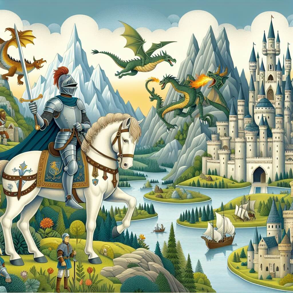 Une illustration destinée aux enfants représentant un courageux chevalier se tenant fièrement sur un sommet de montagne, avec son fidèle destrier à ses côtés, prêt à affronter une armée de dragons cracheurs de feu, dans un royaume enchanté rempli de châteaux majestueux, de forêts mystérieuses et de rivières scintillantes.