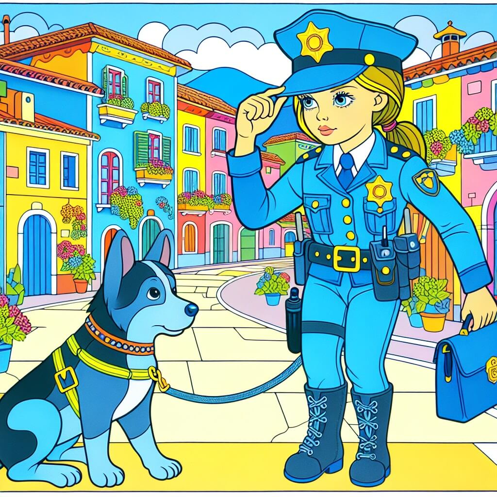 Une illustration destinée aux enfants représentant une femme policière courageuse, vêtue d'un uniforme bleu vif et d'un chapeau assorti, qui résout un mystère avec l'aide de son fidèle chien policier dans les rues colorées et animées d'un village pittoresque appelé Villaggio Felice.
