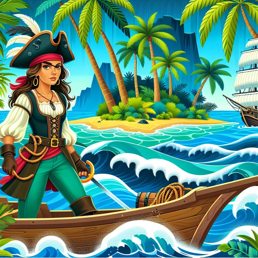 Une illustration destinée aux enfants représentant une capitaine de pirate audacieuse et intrépide, se tenant fièrement sur son navire, naviguant à travers les mers tumultueuses en quête d'un trésor caché, avec en toile de fond une île tropicale luxuriante, bordée de palmiers majestueux et entourée d'une mer d'un bleu éclatant.