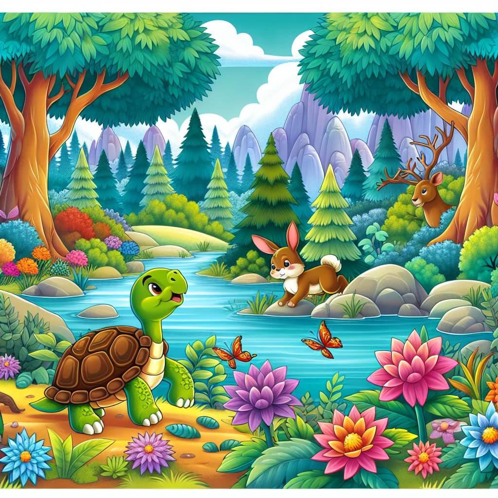 Une illustration destinée aux enfants représentant une tortue courageuse qui explore une forêt enchantée en compagnie d'un lapin intrépide, à la recherche d'un lac cristallin entouré de fleurs multicolores et d'arbres majestueux.