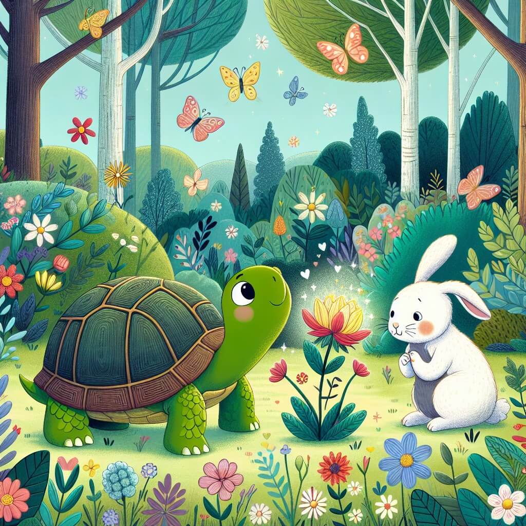 Une illustration destinée aux enfants représentant une tortue solitaire, émerveillée par un magnifique bosquet fleuri, avec un adorable lapereau comme compagnon, dans une clairière enchantée au cœur de la forêt.