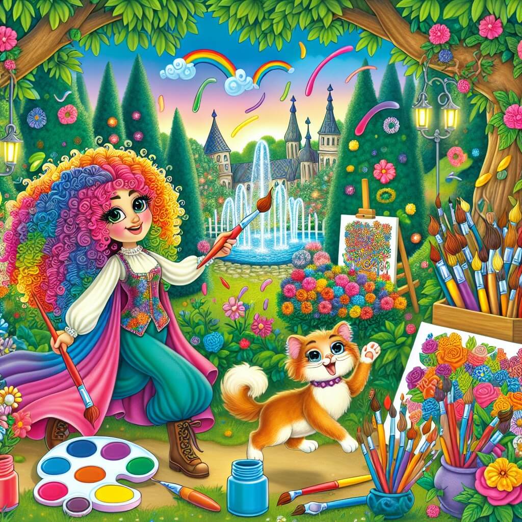 Une illustration destinée aux enfants représentant une artiste talentueuse, aux cheveux bouclés et colorés, entourée de pinceaux et de couleurs éclatantes, qui découvre un concours artistique dans un parc enchanté, accompagnée de son fidèle compagnon, un chat espiègle, dans un jardin luxuriant rempli de fleurs multicolores et d'arbres majestueux.