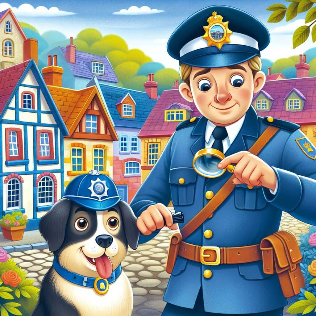 Une illustration destinée aux enfants représentant un homme courageux en uniforme de policier, résolvant des mystères avec l'aide de son fidèle chien policier, dans un petit village pittoresque entouré de maisons colorées et de rues pavées.