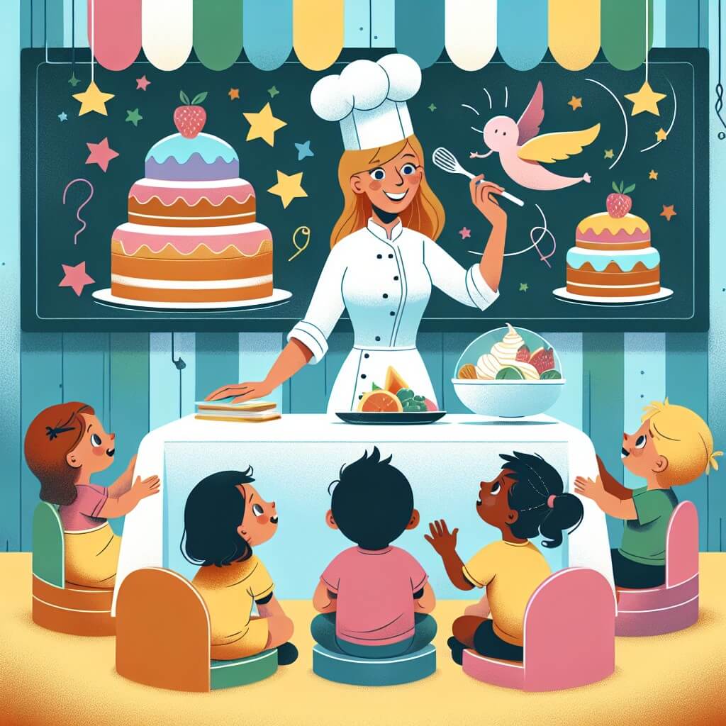 Une illustration destinée aux enfants représentant une chef cuisinière talentueuse, entourée d'enfants curieux, dans un restaurant magique aux murs colorés, avec des chaises en forme de gâteaux, où les plats dansent dès qu'ils sont commandés.