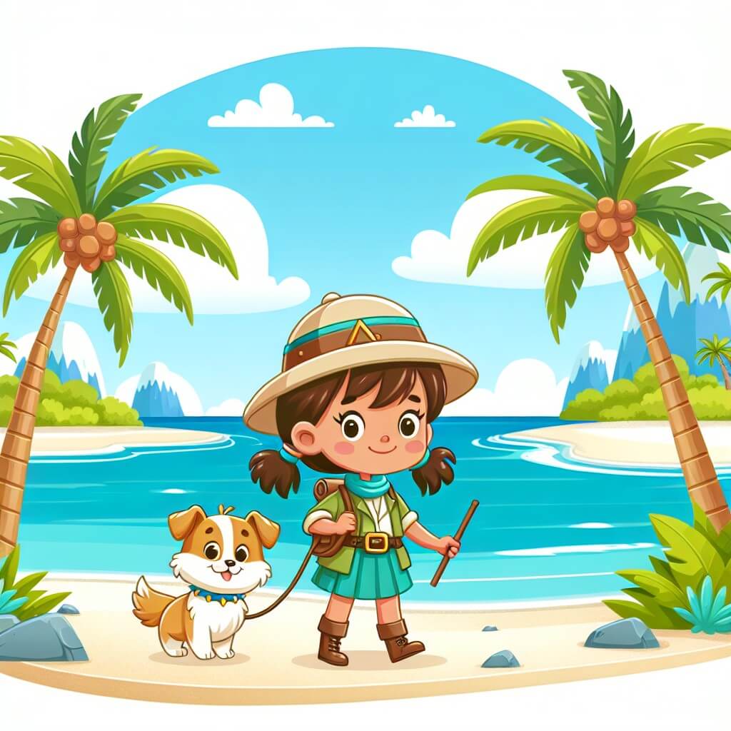 Une illustration destinée aux enfants représentant une petite fille courageuse, vêtue d'une tenue d'exploratrice, accompagnée d'un fidèle compagnon animal, explorant une île tropicale paradisiaque avec des plages de sable blanc, des palmiers majestueux et une mer turquoise scintillante.