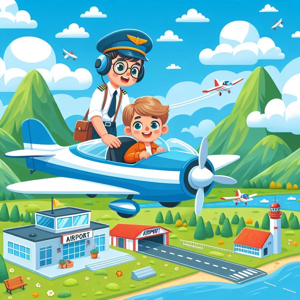 Une illustration destinée aux enfants représentant un jeune pilote d'avion intrépide, accompagné d'un sympathique instructeur, survolant un ciel bleu parsemé de nuages moelleux, au-dessus d'un petit aéroport pittoresque entouré de montagnes verdoyantes.