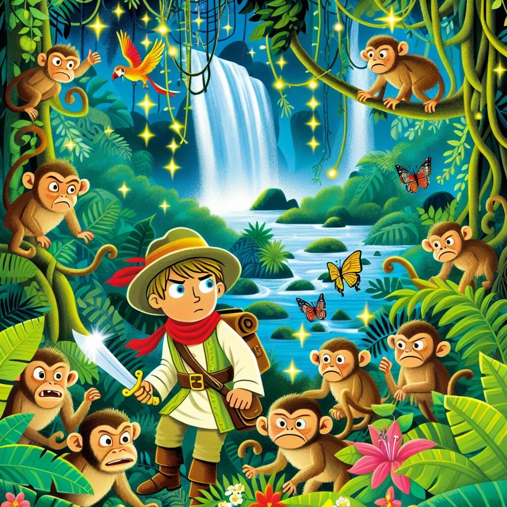 Une illustration destinée aux enfants représentant un homme courageux, entouré d'une tribu de singes malicieux, explorant une jungle luxuriante et mystérieuse remplie de cascades étincelantes, de lianes enchevêtrées et d'animaux exotiques colorés.