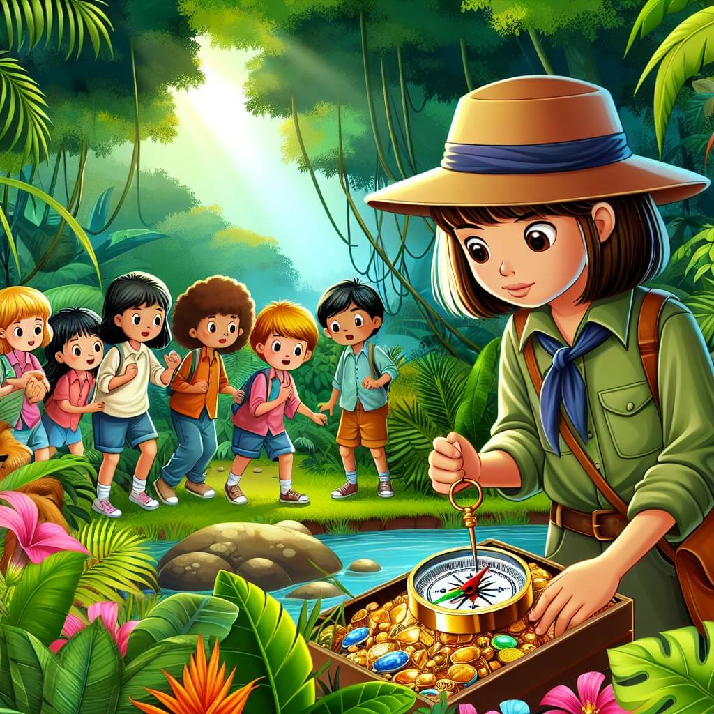 Une illustration destinée aux enfants représentant une jeune femme archéologue, vêtue d'un chapeau et tenant une boussole, découvrant un trésor antique avec l'aide d'un groupe d'enfants curieux, dans une vaste jungle luxuriante remplie de plantes exotiques et d'animaux colorés.