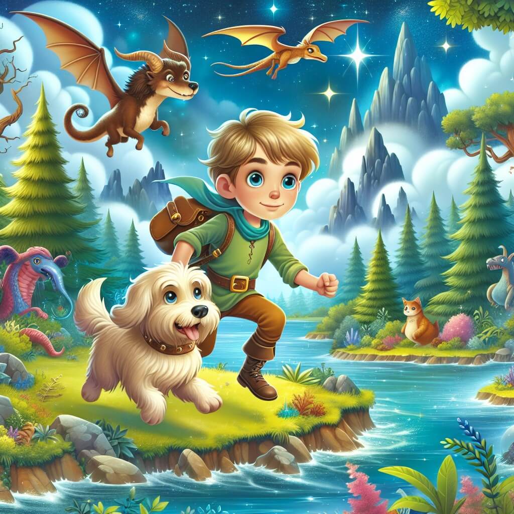 Une illustration destinée aux enfants représentant un jeune garçon intrépide, plongé dans une aventure palpitante, accompagné de son fidèle chien, sur une île mystérieuse pleine de créatures magiques, entourée d'une mer scintillante et d'une forêt luxuriante.