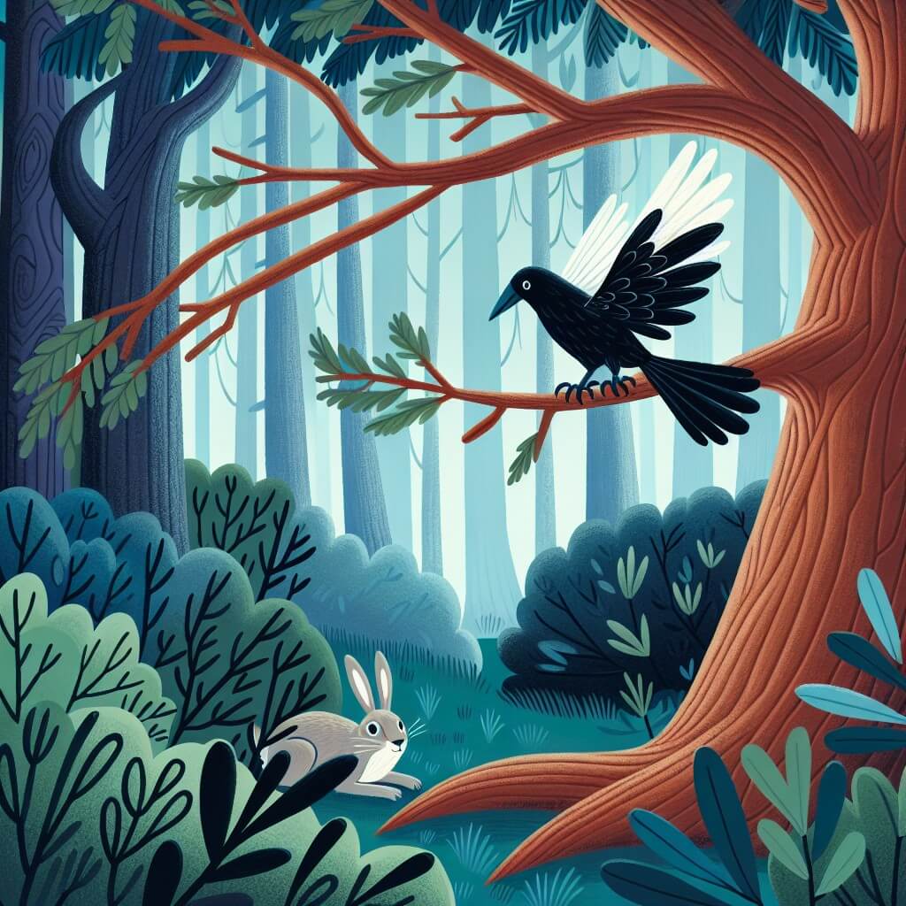 Une illustration destinée aux enfants représentant un corbeau solitaire aux ailes blanches, se tenant sur une branche d'un majestueux arbre au cœur d'une forêt enchantée, où il fait la rencontre d'une timide lepre qui se cache parmi les buissons.