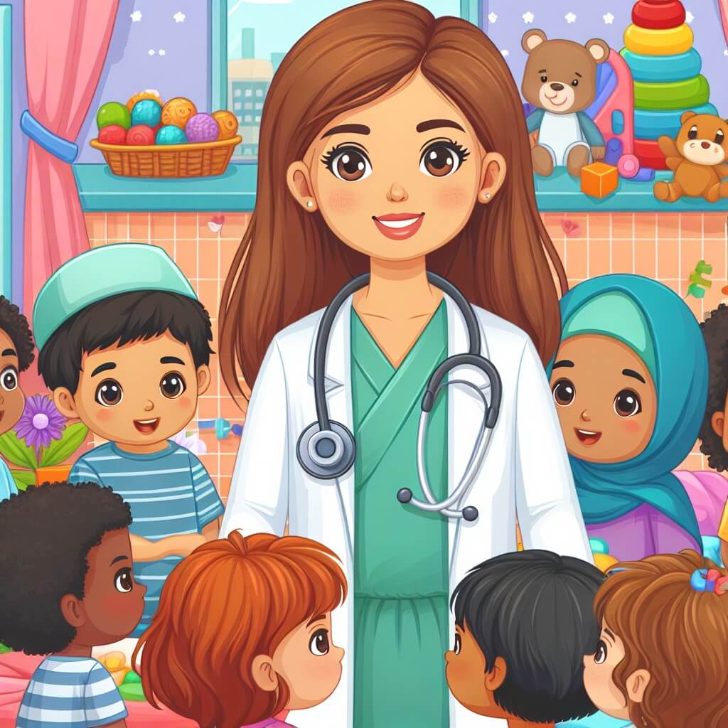 Une illustration destinée aux enfants représentant un médecin au sourire bienveillant, entouré de jeunes patients courageux, dans un hôpital coloré rempli de jouets et de fleurs.