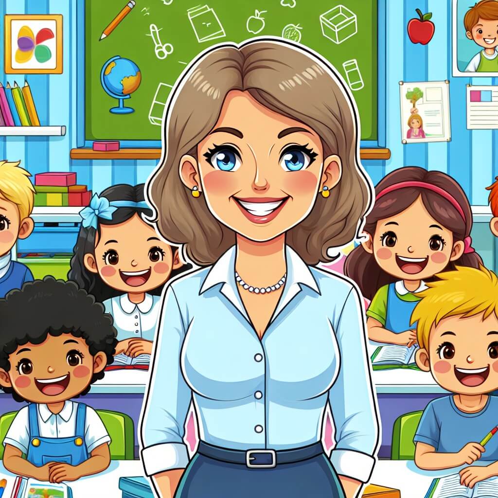 Une illustration destinée aux enfants représentant une institutrice souriante et bienveillante, entourée de ses élèves joyeux, dans une salle de classe colorée remplie de livres, jouets et affiches éducatives.
