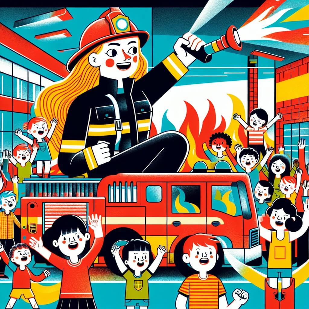 Une illustration destinée aux enfants représentant une femme pompier intrépide, entourée d'enfants enthousiastes, luttant contre un incendie dans une caserne de pompiers colorée, avec un camion rouge vif prêt à partir à l'action.