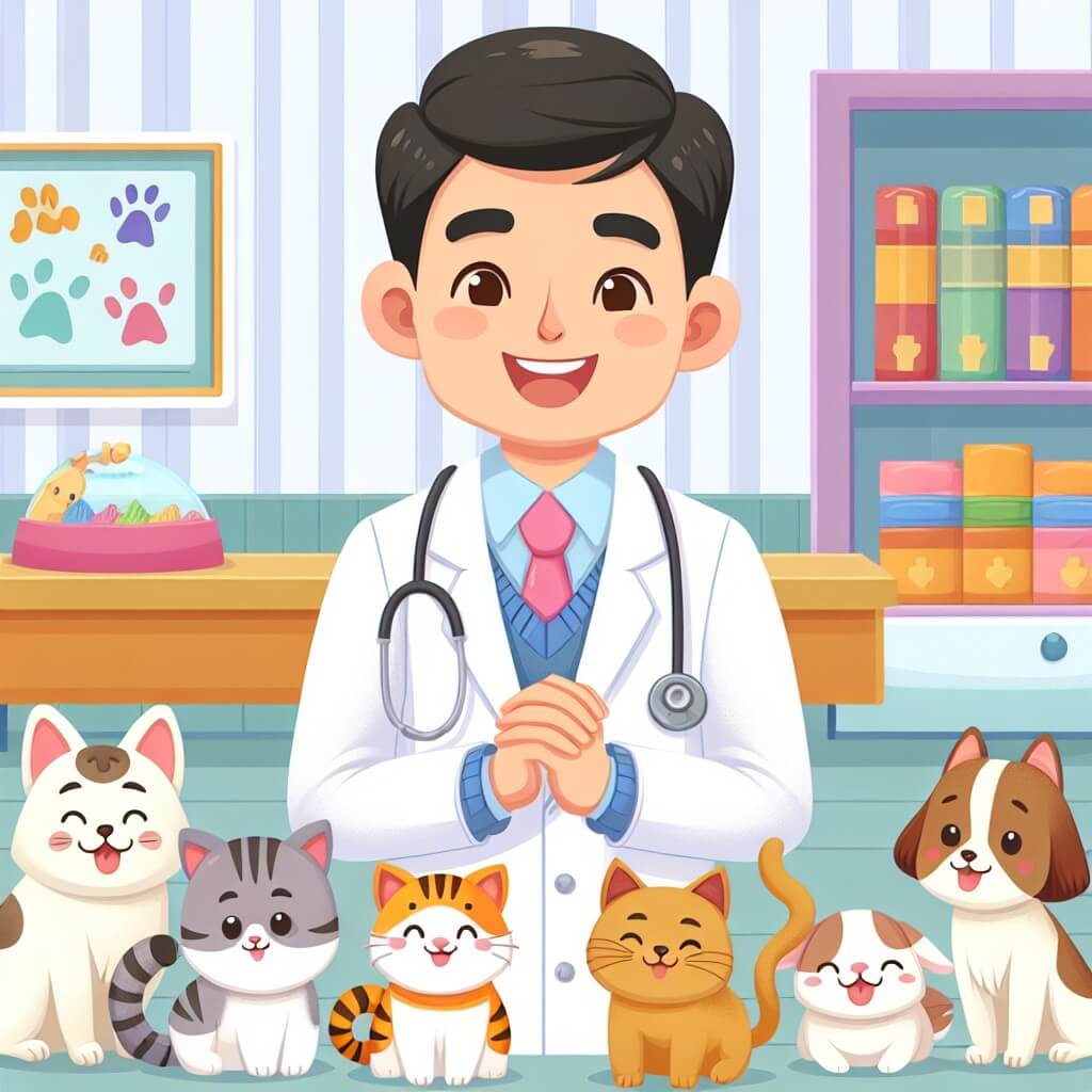 Une illustration destinée aux enfants représentant un homme vêtu d'une blouse blanche, souriant, entouré d'animaux joyeux, dans un studio vétérinaire coloré et chaleureux.