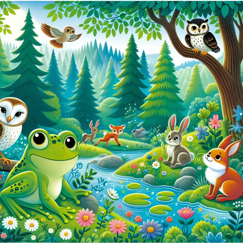 Une illustration destinée aux enfants représentant une grenouille curieuse, perdue dans une forêt enchantée, accompagnée d'un sage hibou, avec un lapin joyeux et une renarde rusée, explorant un paysage luxuriant de grands arbres, de fleurs colorées et de ruisseaux scintillants.