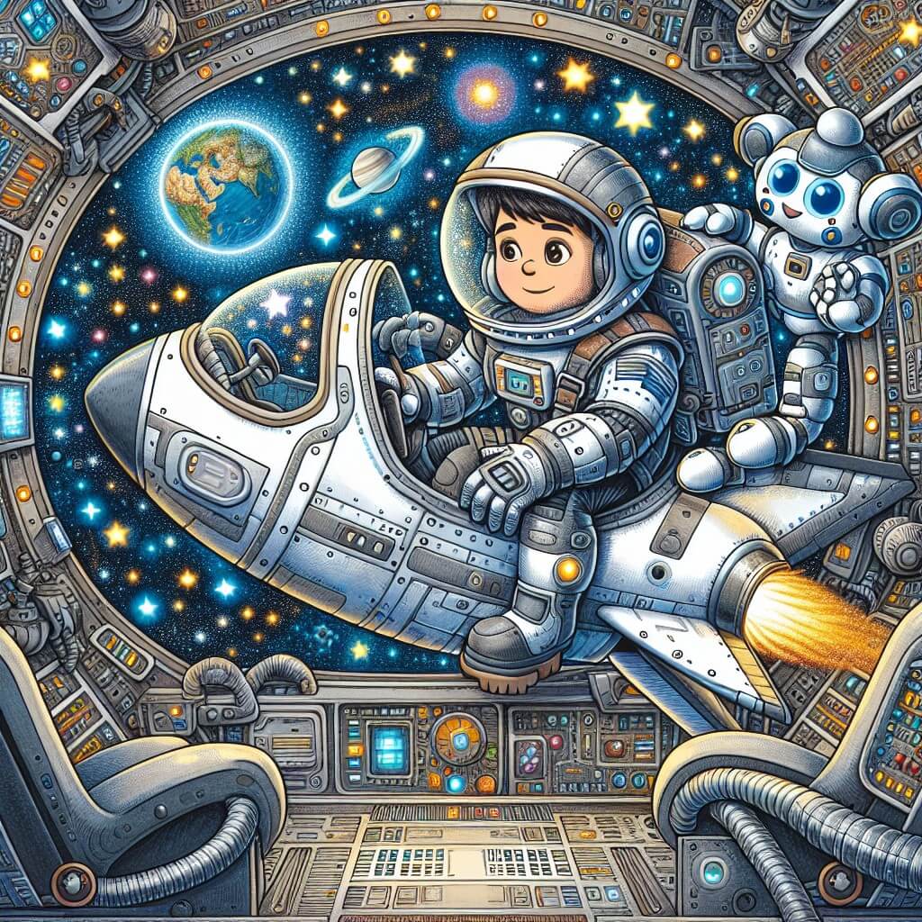 Une illustration destinée aux enfants représentant un homme intrépide, vêtu d'une combinaison spatiale brillante, en train de flotter dans l'espace, accompagné de son fidèle robot, explorant une galaxie lointaine remplie d'étoiles scintillantes et de planètes colorées, le tout se déroulant dans le cockpit futuriste d'une navette spatiale.
